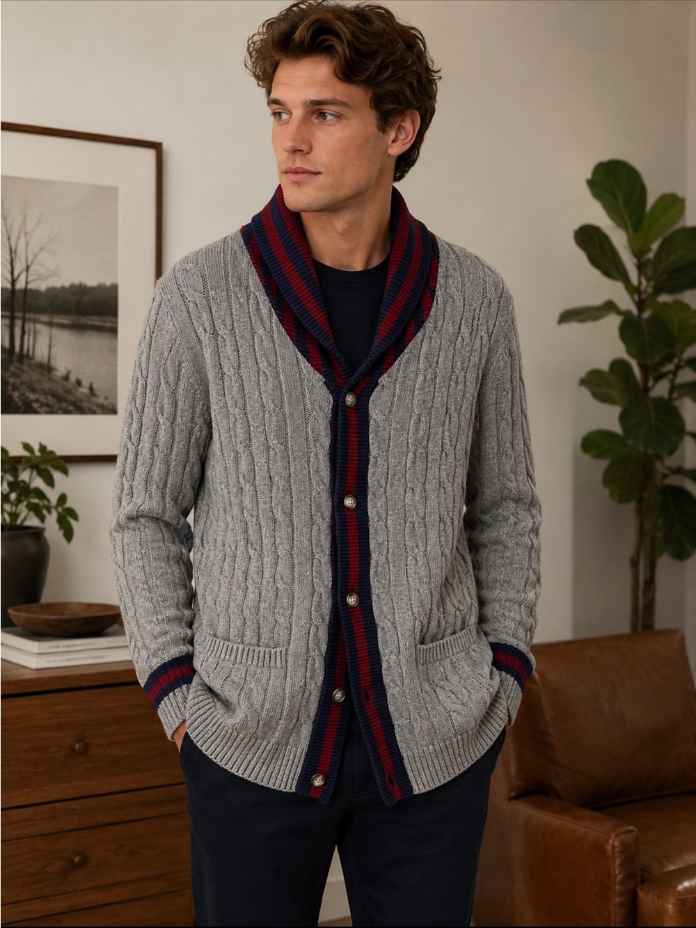 Club Room Grey Cable-Knit Shawl Cardigan with Navy & Burgundy Trim